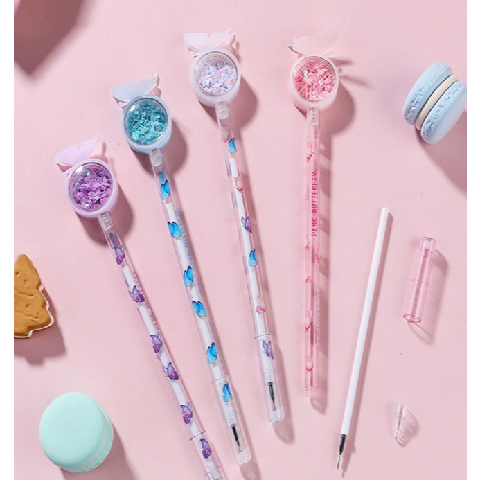 Caneta em Gel Borboleta & Glitter - Kits de 4/8/12 - Papelaria Kawaii e Material Escolar