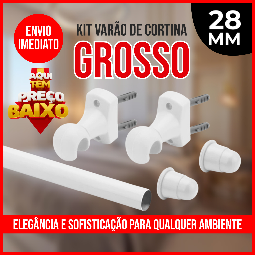 Kit Varão de Cortina em AÇO para Sala, Quarto, Cozinha, Escritório 28mm GROSSO 1,50m até 3,00m em Oferta na Shopee
