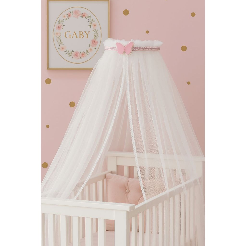 kit mosquiteiro com dorcel para berço borboleta e perolas brilhantes