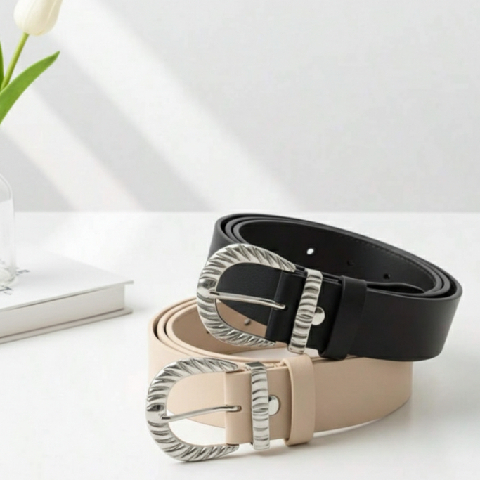 Kit 2 Cintos Femininos largo couro sintético com fivela e passador prata, moda elegante - ELZA