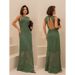 Vestido longo elegante costa nua tricot rendado moda festa premium em Oferta na Shopee