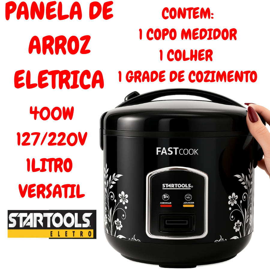 Panela De Arroz Eletrica 1L 400W 127/220V Com Copo Medidor Colher Grade Para Cozimento Startools