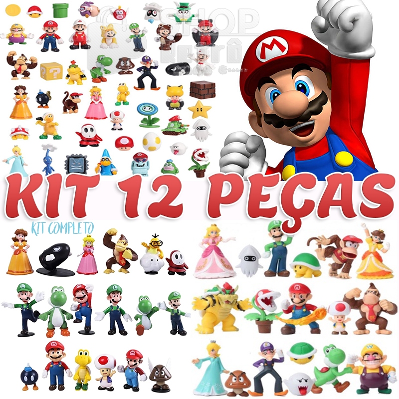 Kit Completo de 12 Bonecos Novos  Super Mario Bros Miniatura Mario Colecionáveis