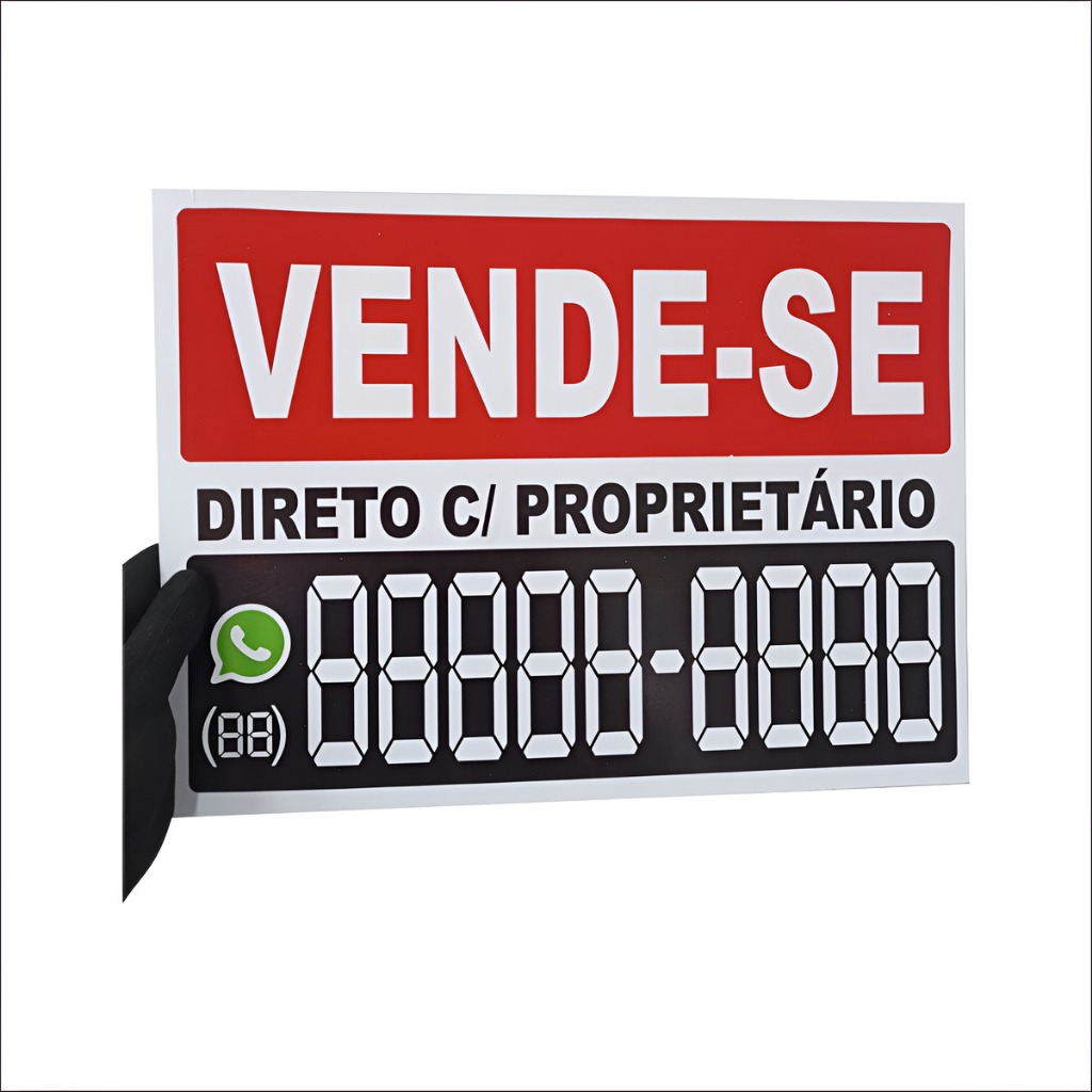 Placa Vende-se Aluga-se PS com Fita Casa, Terreno, Comércio, Imóvel + Contato.