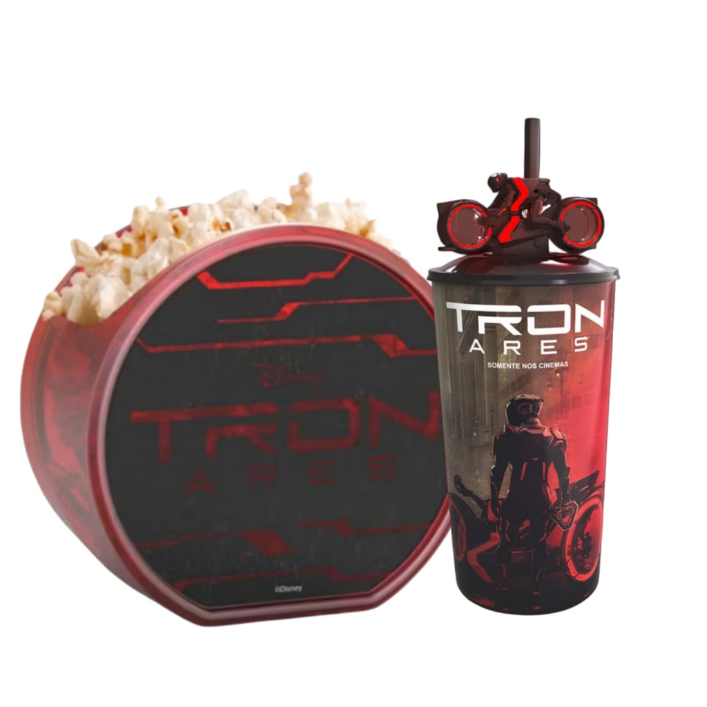 Combo Balde Pipoca Tron: Ares Cine A CineSystem MovieCom + Copo Com Led Cinemark Original Disney 2025