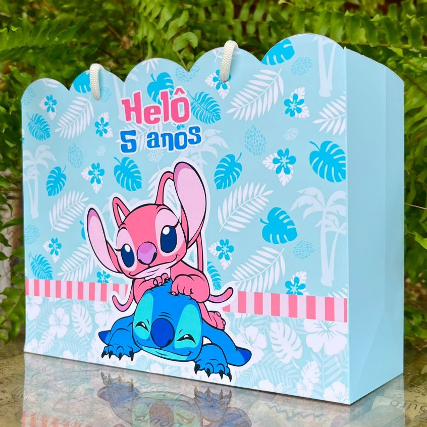 Sacolinha Stitch e Angel PEGUE E MONTE Papelaria Personalizada Lembrancinha Diversos Temas