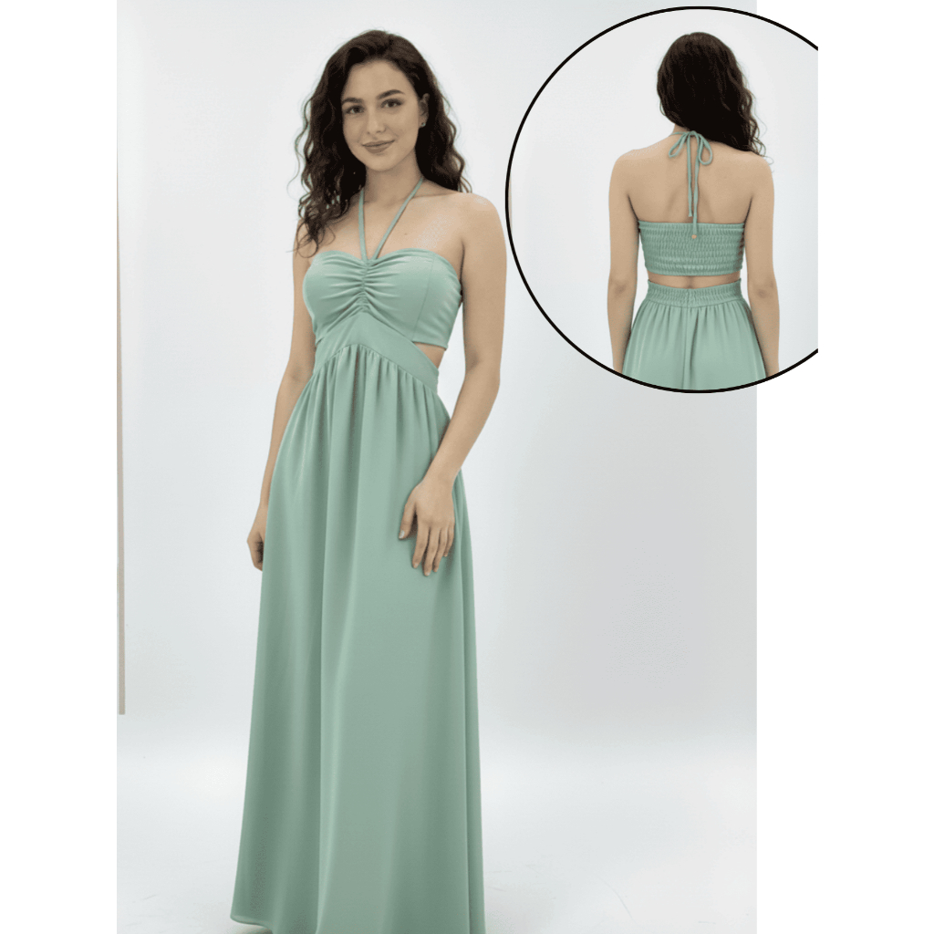 Vestido Longo Elegante detalhe Decote, Elastéx traseiro Atemporal .