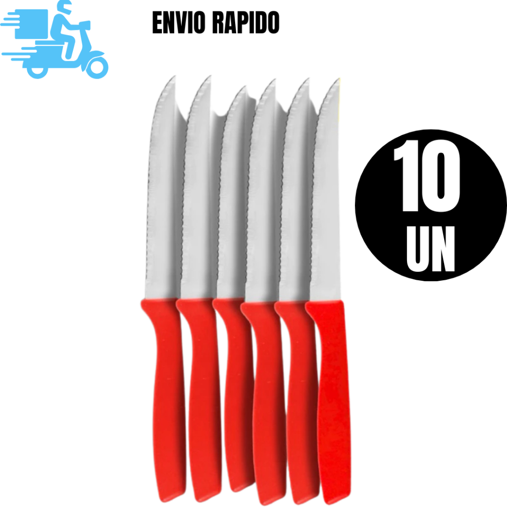 10 Un de Facas de Churrasco Vermelhas 20cm  Aço Inox com Cabo Plástico Excelente na Cozinha em Oferta na Shopee