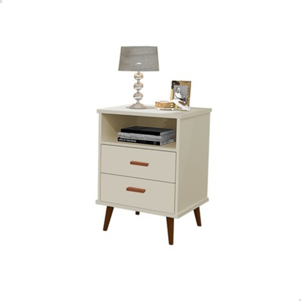Mesa De Cabeceira Itália Com Nicho Para Quarto 2 Gavetas Retrô Cor Pés Palito Criado Off White em Oferta na Shopee