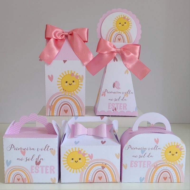 Kit de Caixinhas Personalizadas Primeira Volta ao Sol Menina - Lembrancinha para sua Festa de Aniversário um Mimo