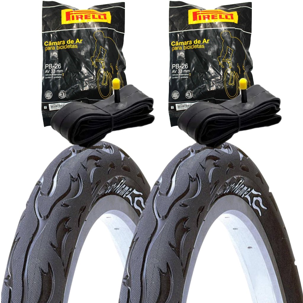 Par Pneu Aro 26 X 2.125 Kenda Flame + Par Câmaras Pirelli 26