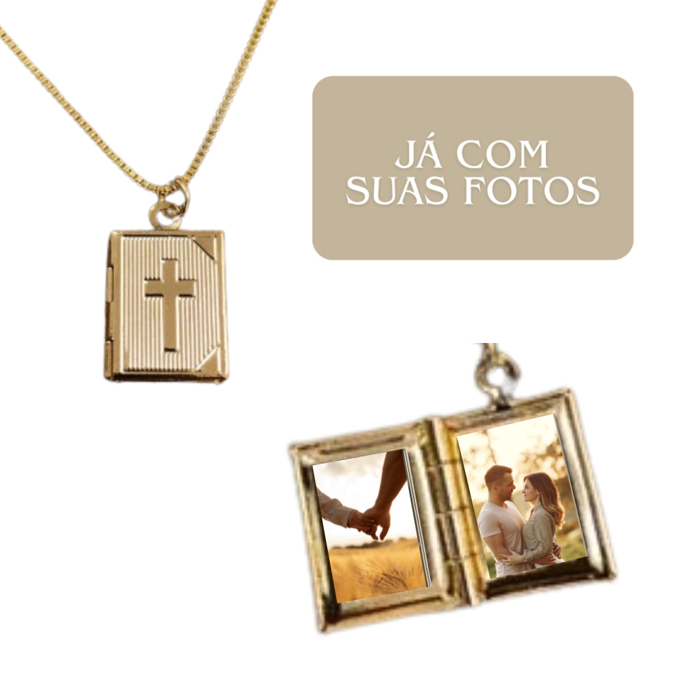 Relicário Livro com Cruz Masculino + Corrente 60cm | Personalizado com Fotos
