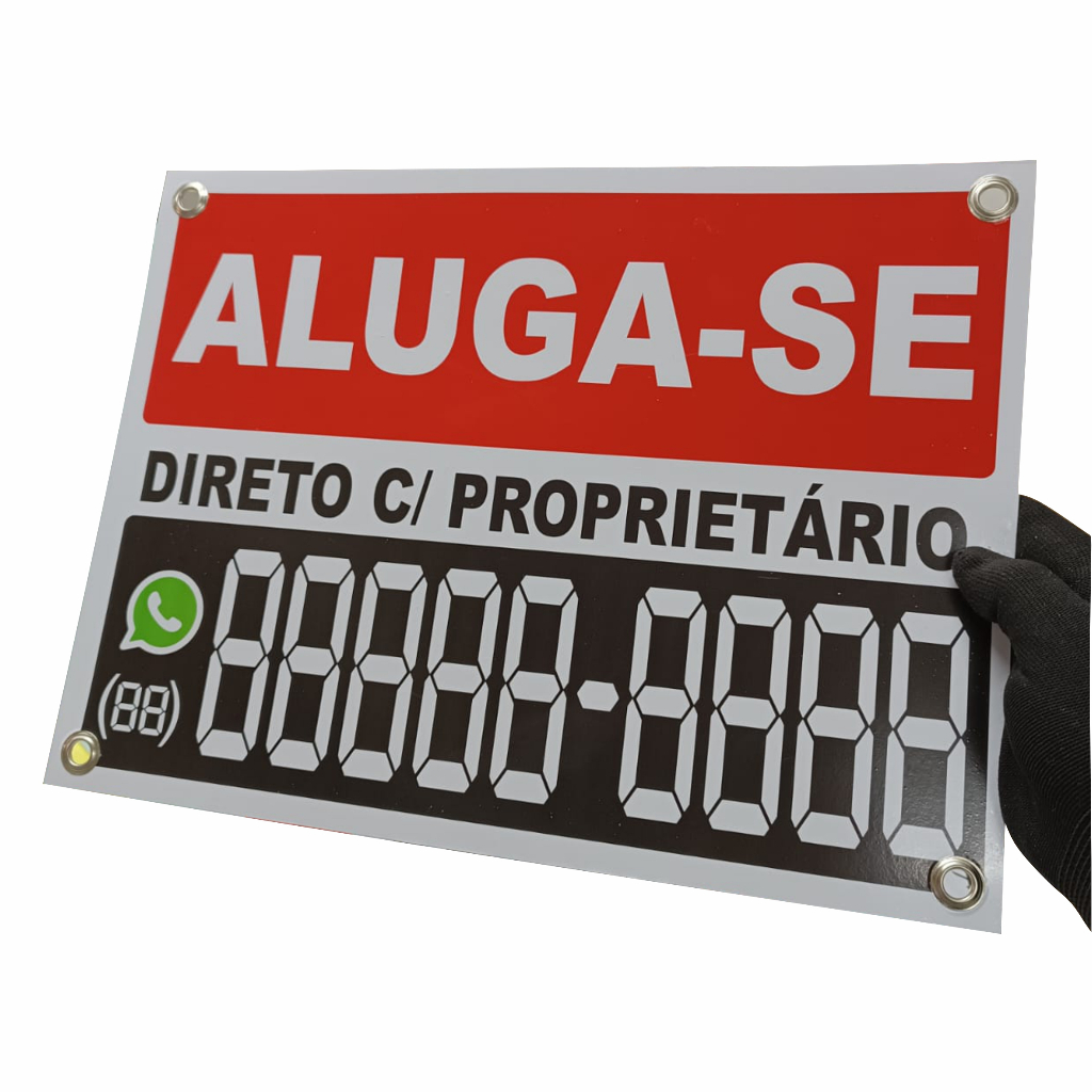 Placa Vende-se ou Aluga-se com Ilhós,  não quebra, reutilizável, 30x40cm + adesivos para contato