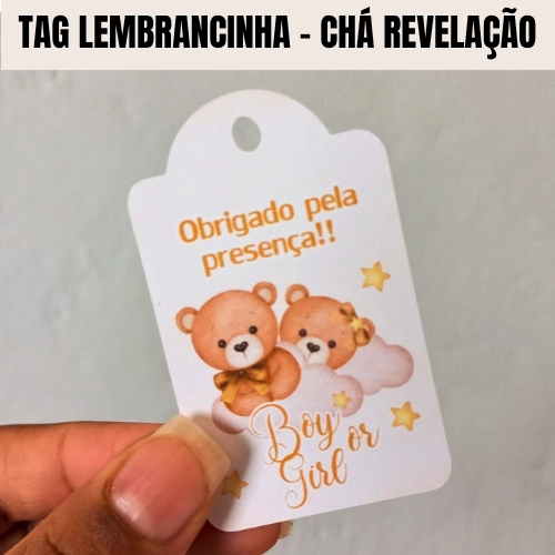 Tag Agradecimento Chá Revelação Ursinho dourado Festa Infantil- Lembrancinha Personalizada