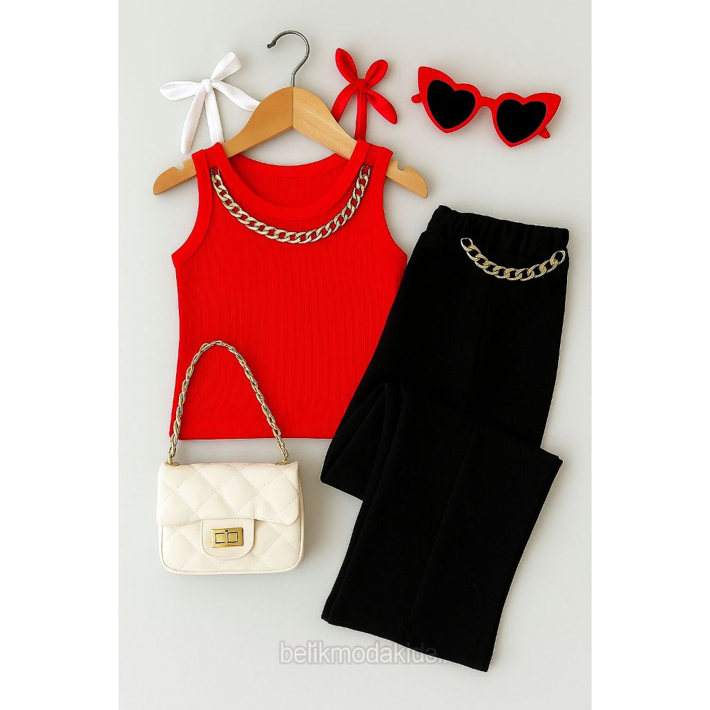 Kit Infantil Regata Cropped + Calça Pantalona Com Corrente Alfaiataria Canelado Moda Natal Blogueirinha Regatinha Menina