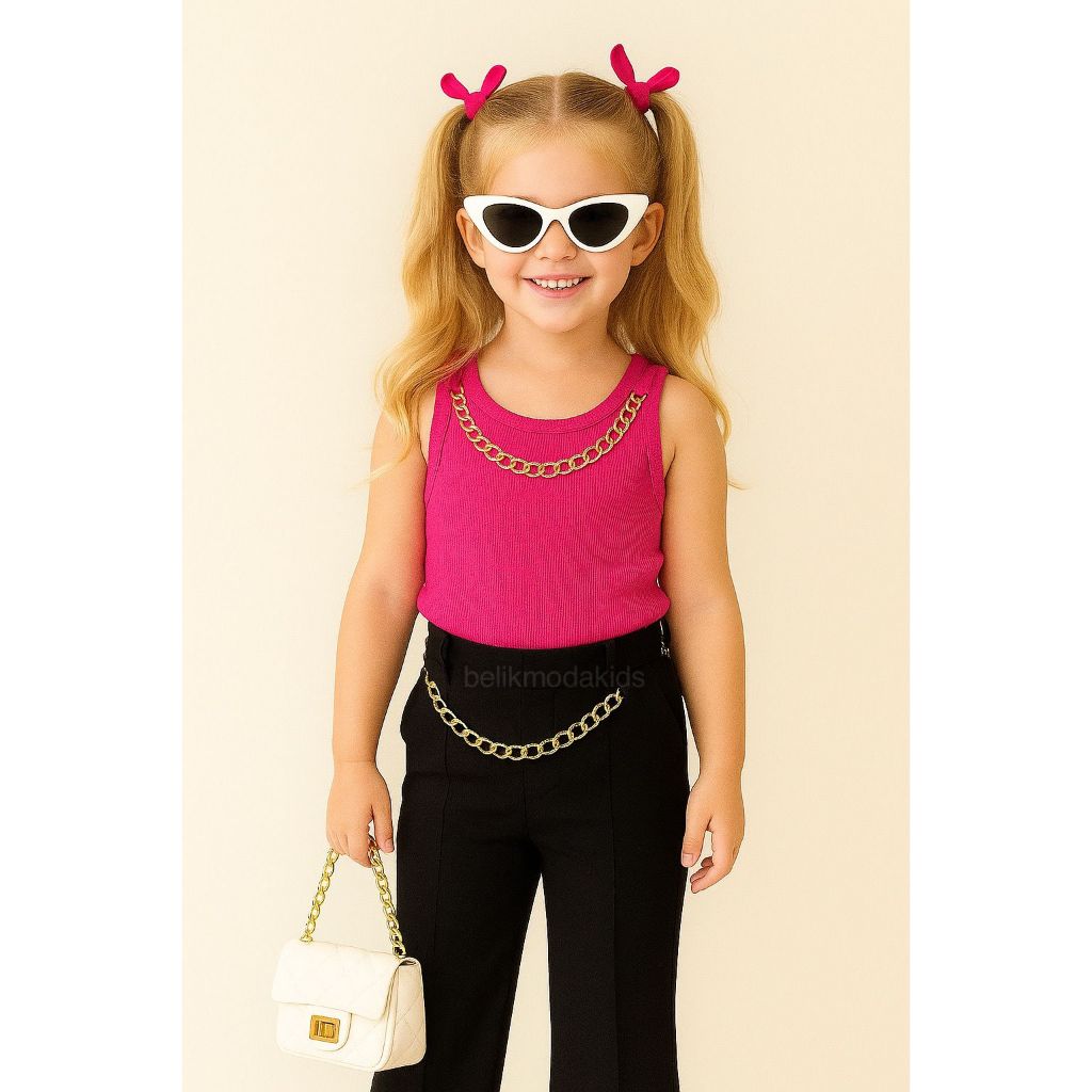 Conjunto Infantil Blusa Cropped + Calça Pantalona Corrente Alfaiataria Moda Fashion Blogueirinha Regatinha Menina 2 Ao 8