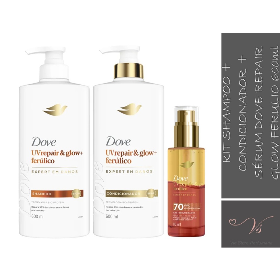Kit Dove Uv Repair Glow Ferúlico 03 itens (Shampoo 600ml+ Condicionador 600ml+ Sérum 110ml) em Oferta na Shopee