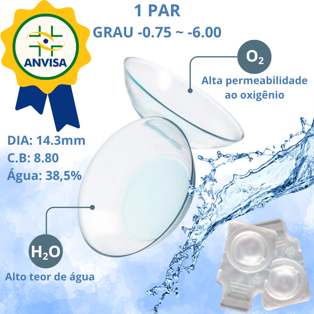 (1 PAR) Lentes de Contato Incolor Clear com grau miopia para longe (-0.75 a -6.00)