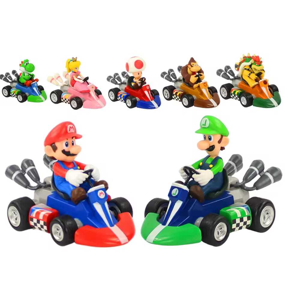 Carrinho Super mario Kart puxar para trás carro verde yoshi burro kong bowser luigi sapo princesa figura de ação