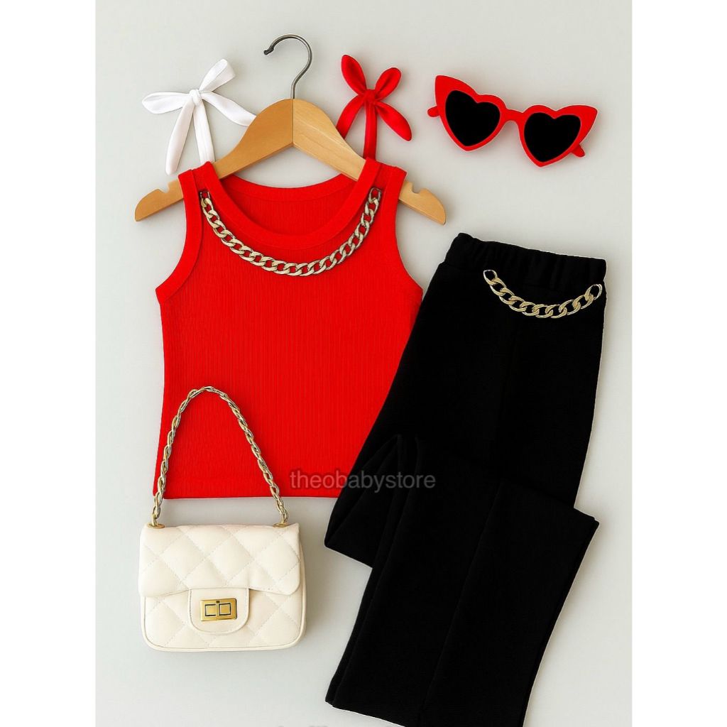 Conjunto Infantil Regata Cropped + Calça Pantalona C/ Corrente Alfaiataria Moda Festa Natal Blogueirinha Blusinha Menina