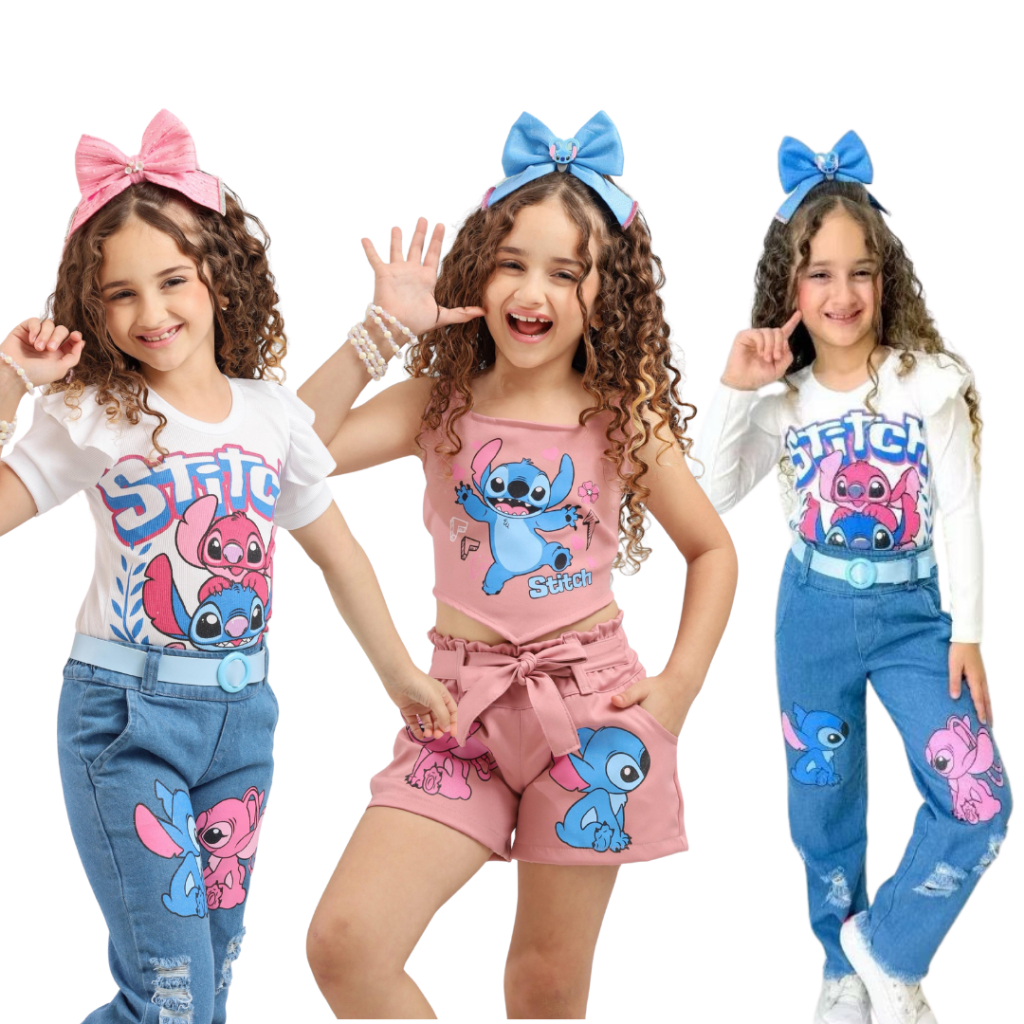 Conjunto Infantil Juvenil Menina Sticth Calça E Blusinha Short E Croped Stitch Blogueirinha