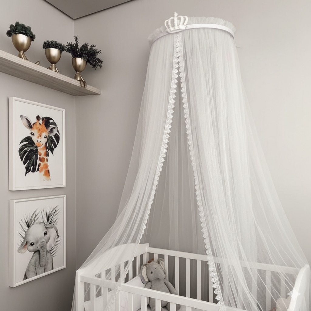 Dossel + Mosquiteiro Rei Príncipe Branco Mini Cama Berço Quarto Bebê