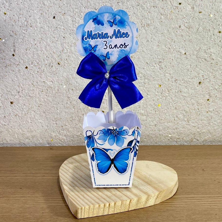 Kit Centro de Mesa Jardim das Borboletas Azul Personalizado | Cachepot Festa Infantil Pegue e Monte