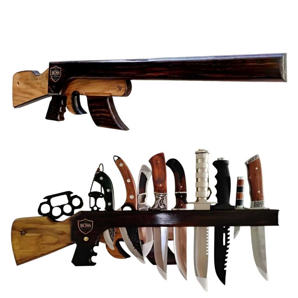 Porta Facas de Parede Rifle Assault AK-47 em Madeira Preto e Dourado