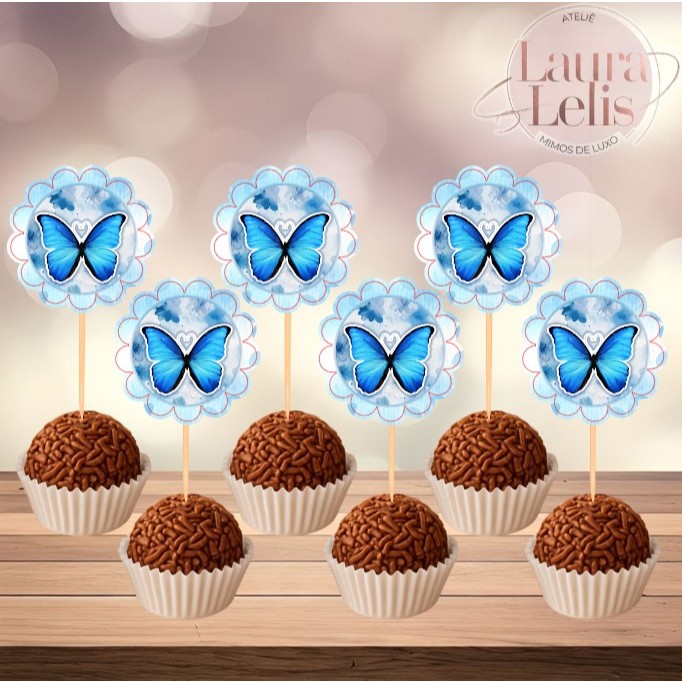 50 Toppers/Tags Personalizados Jardim das Borboletas Azul | Festa Infantil, Doces e Lembrancinhas