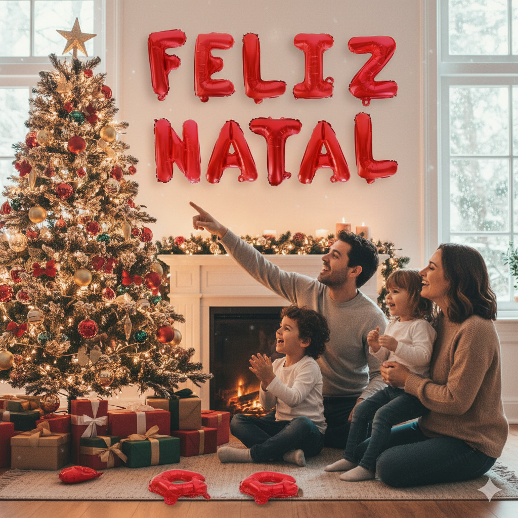 Kit de Balões Metalizados "FELIZ NATAL" – 37cm com Assoprador + Fitilho Final de ano Festas