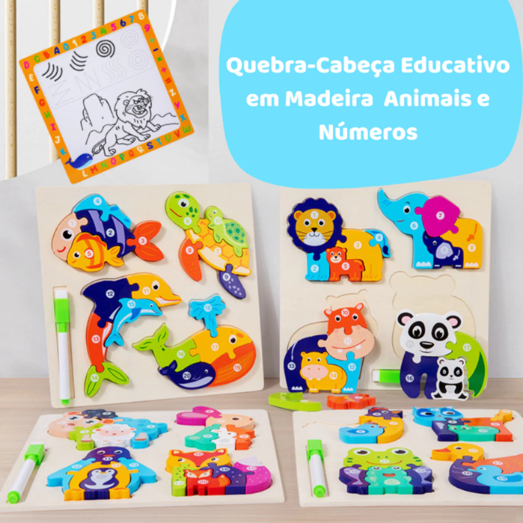 Quebra-Cabeça Educativo Infantil de Madeira Animais com Números Montessori Didático