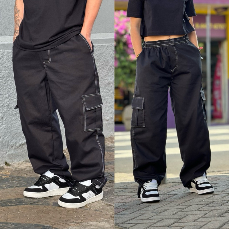 Calça Cargo larga masculina feminina 5 bolsos Sarja Preto Pesponto (costura branca) em Oferta na Shopee