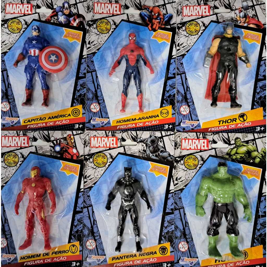 Bonecos Marvel 10cm - Capitão América, Homem de Ferro, Homem Aranha, Hulk, Thor e Pantera Negra