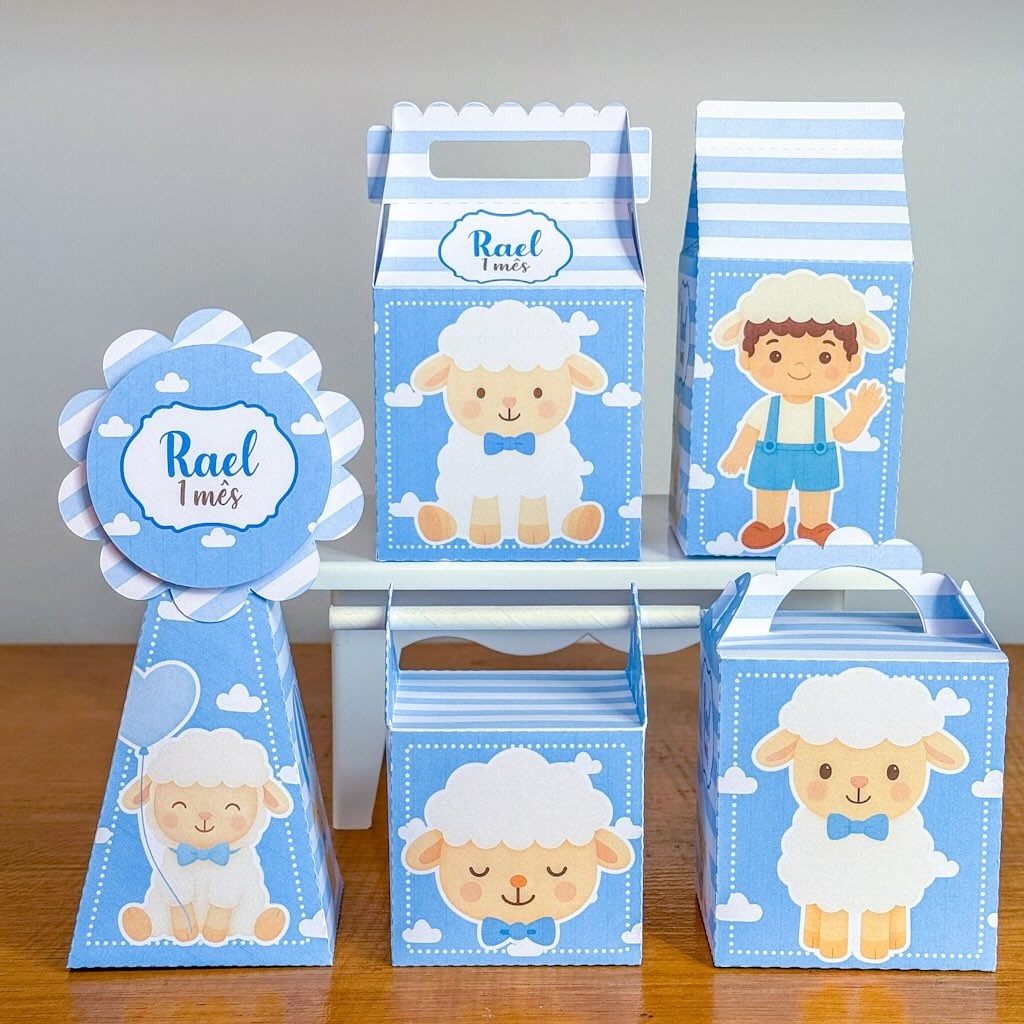 PEGUE E MONTE - Kit Festa Personalizados OVELHINHA MENINO Lembrancinhas Caixinhas para festa