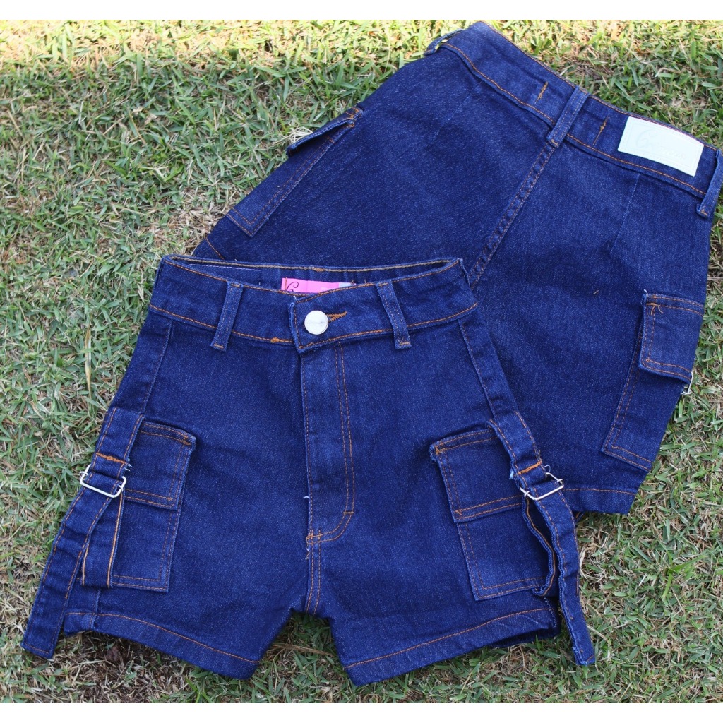 Short cargo marmorizado c/ fivela short feminino jeans curto azul tendencia moda cronicas jeans
