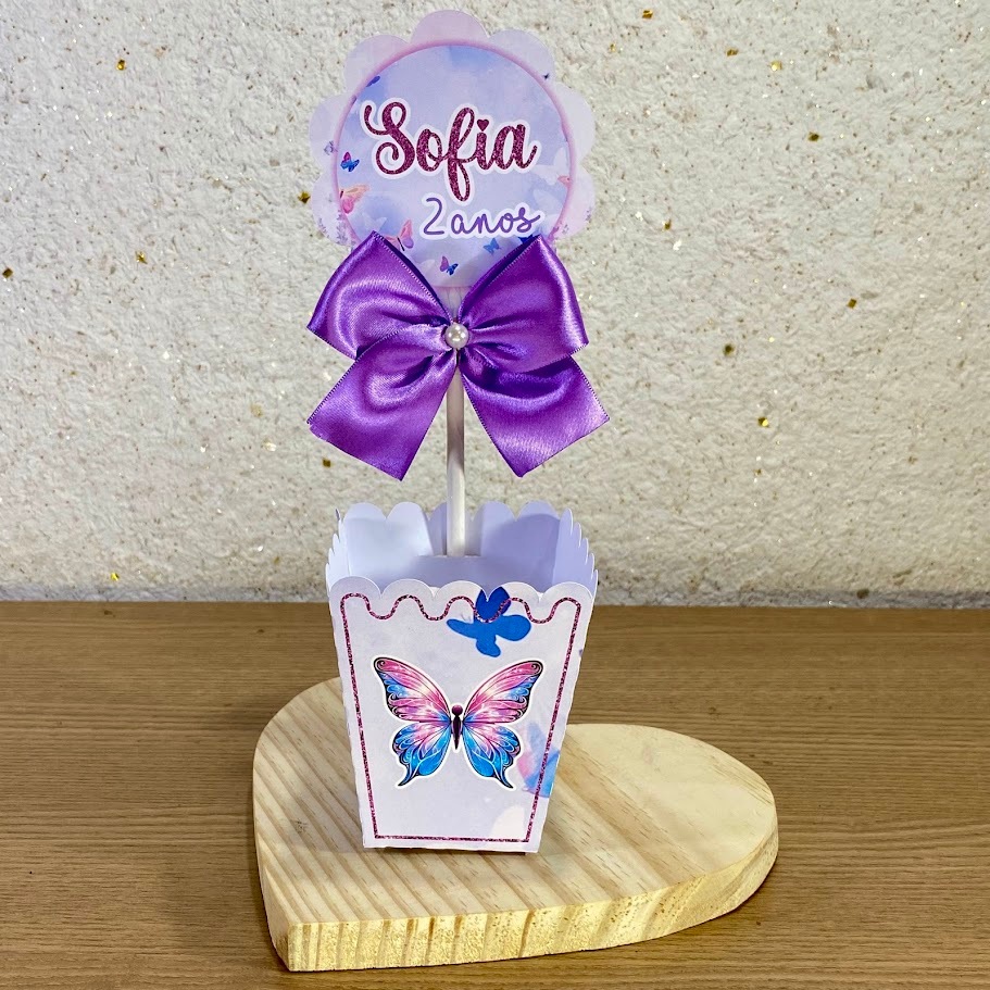 Kit Centro de Mesa Jardim das Borboletas Lilás Personalizado | Cachepot Festa Infantil Pegue e Monte