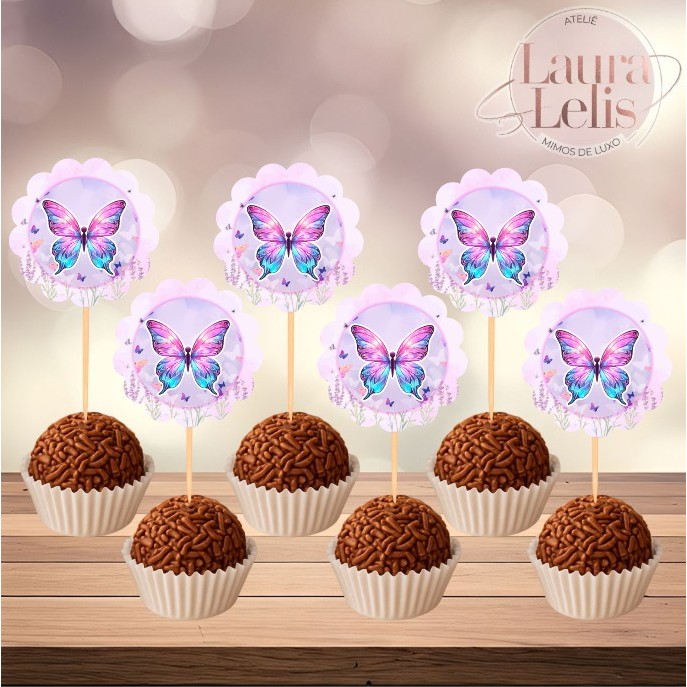 50 Toppers/Tags Personalizados Jardim das Borboletas Lilás | Festa Infantil, Doces e Lembrancinhas