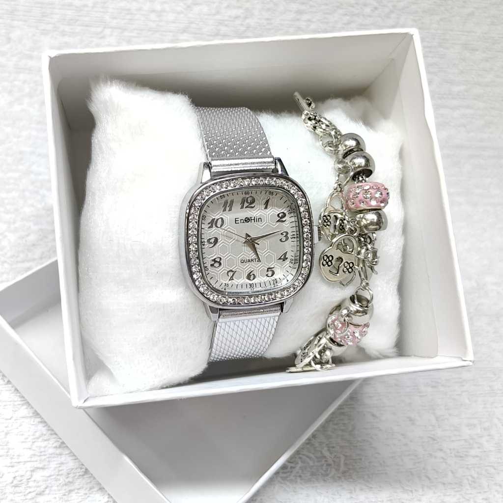 Kit relógio quadrado pedra + pulseira + caixinha em Oferta na Shopee