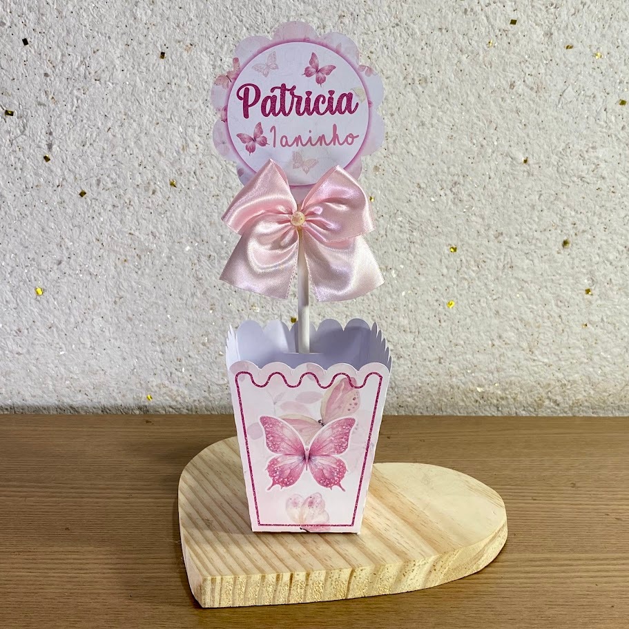 Kit Centro de Mesa Jardim das Borboletas Rosa Personalizado | Cachepot Festa Infantil Pegue e Monte