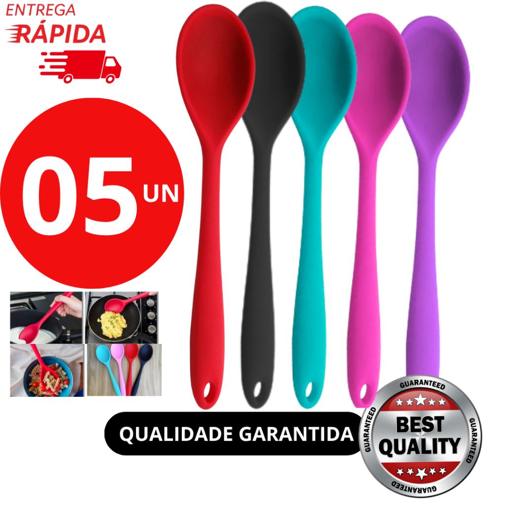 Kit 5 Colher de Arroz de Silicone 27cm Anti-Aderente não Risca Panela Super Resistente Preto ou Vermelho em Oferta na Shopee