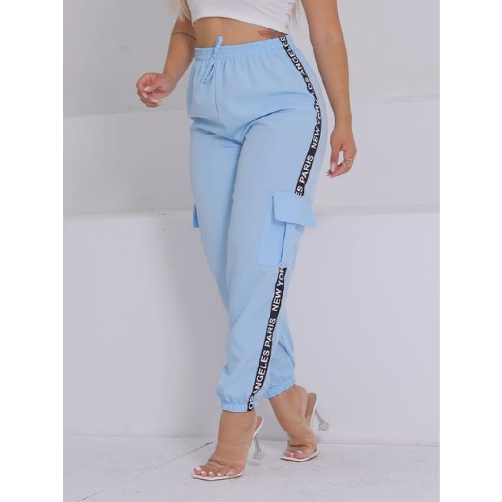 Calça Cargo Jogger Feminina Tactel Com faixa lateral paris neon em Oferta na Shopee