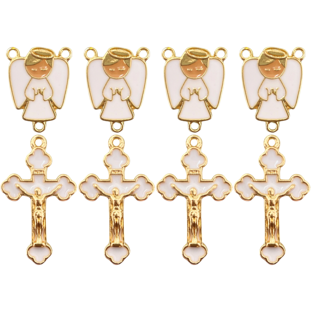 KIT 4 Entremeio Anjinho Para Terço + 4 Crucifixo Infantil Branco Crisma Batismo Dourado Cataforético em Oferta na Shopee