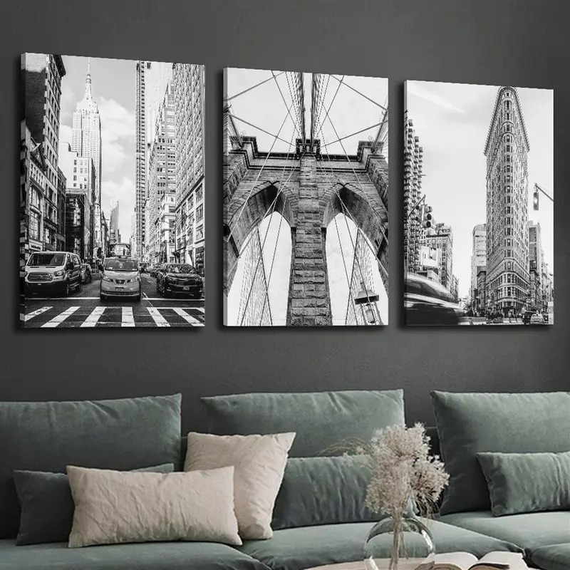 Kit 3 Peças Quadro Decorativo Cidade Nova York Preto e Branco Urbano Brooklyn Bridge Empire State