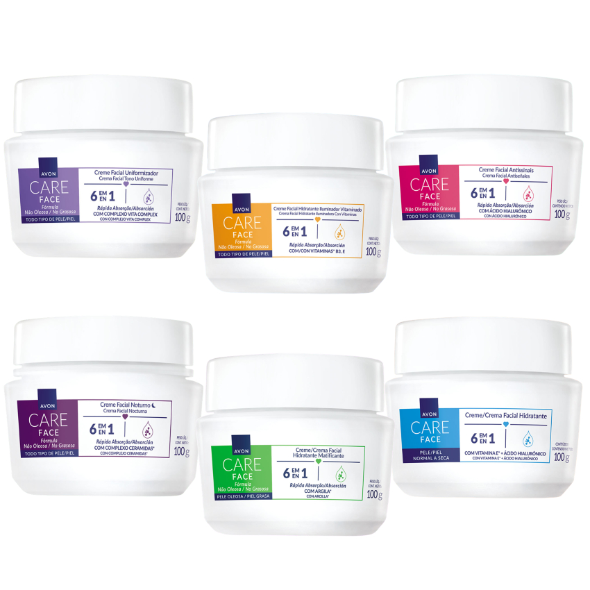 Creme Facial Avon Care Face 6 em 1 - 100g: Antissinais, Noturno, Matificante, Vitaminado, Hidratante ou Uniformizador em Oferta na Shopee