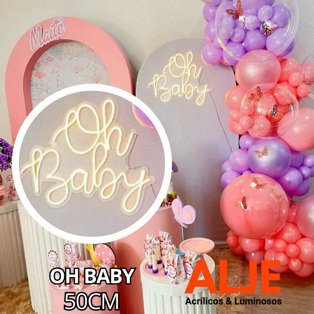 Luminária Oh Baby! Painel Neon Led Letreiro Decoração Festas Acrílico Cristal Ps 50cm Quente Frio