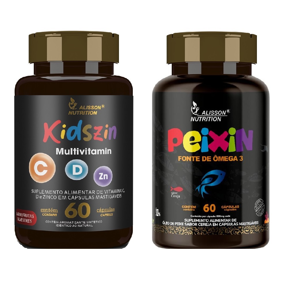 Kit Vitaminas Kidszin C D Zinco com Peixin 60+60 cápsulas mastigaveis - Alisson Nutrition