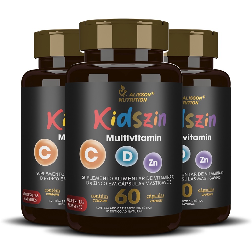 Kidszin Vitaminas C D Zinco para crianças 60 cápsulas mastigaveis saborosas - Alisson Nutrition