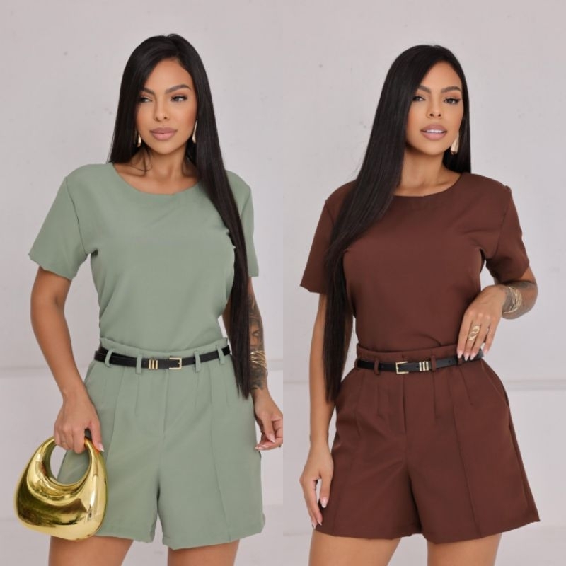 CONJUNTO FEMININO ALFAIATARIA ELEGANTE – BLUSA + SHORT COM CINTO E BOLSO CINTURA ALTA MODA ELEGANTE