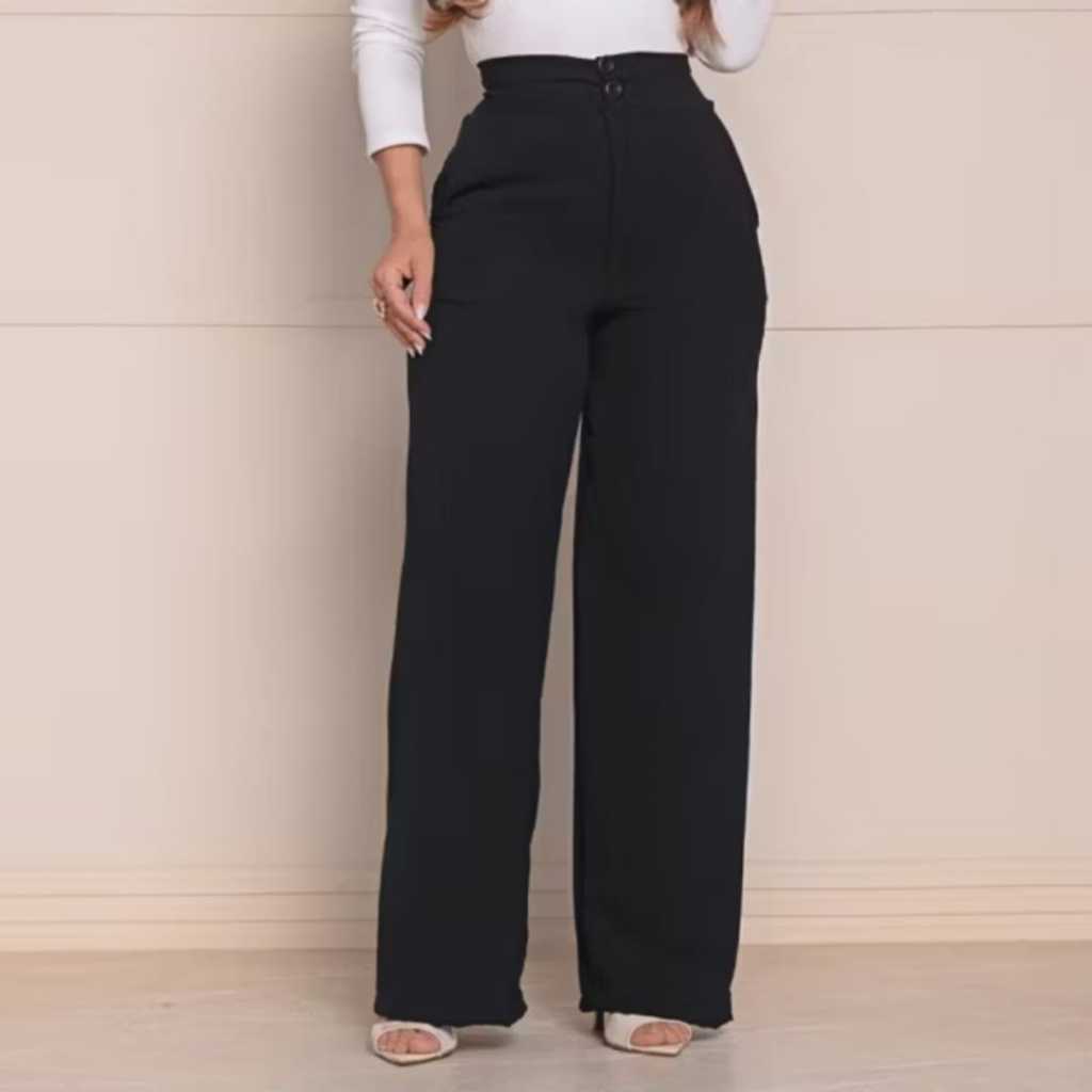 Calça GG Feminina Pantalona Wide Leg Duna com Botão Tendência 2025 Lisa