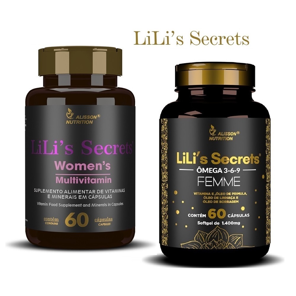 Kit Lilis Secrets Multivitaminico Mulher + Omega Femme 3 6 9 Linhaça Borragem Primula 60+60 capsulas